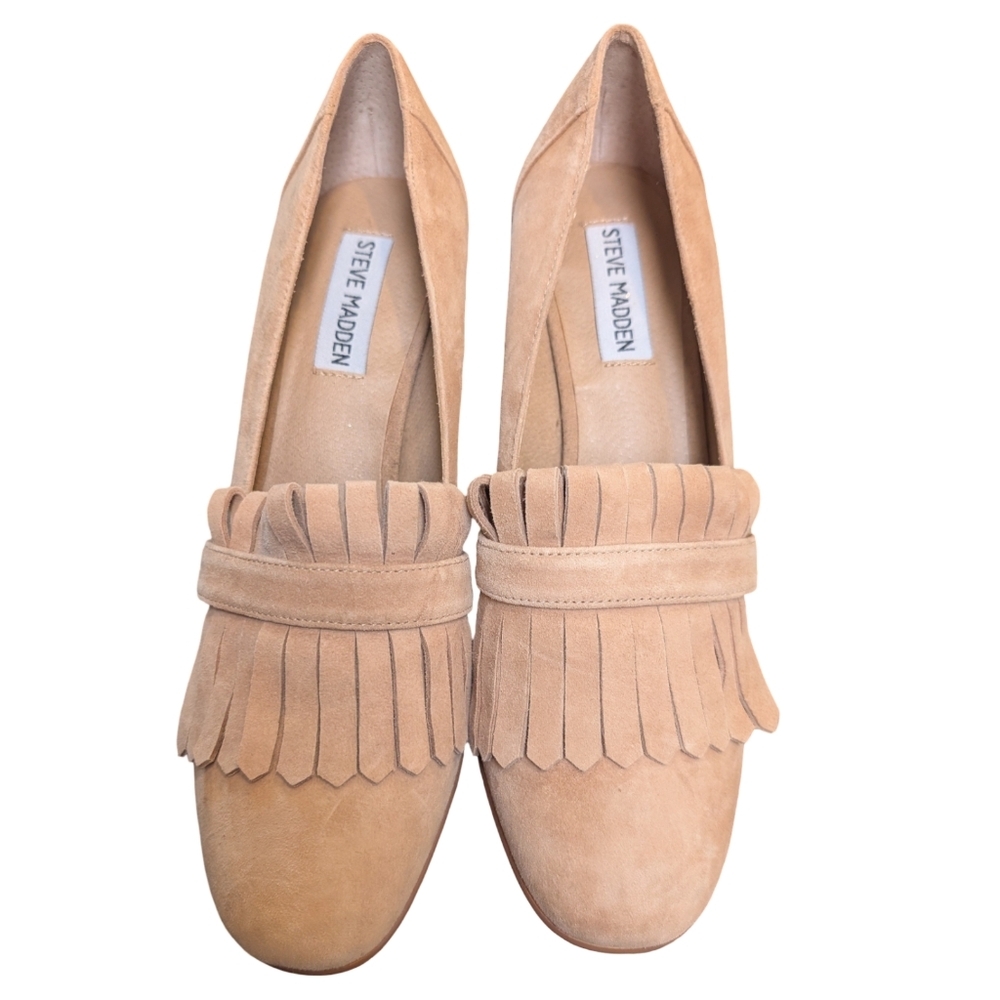 Steve Madden Kate Slip-On Loafer Camel Sand Suede Block Heel Shoes Size 8.5